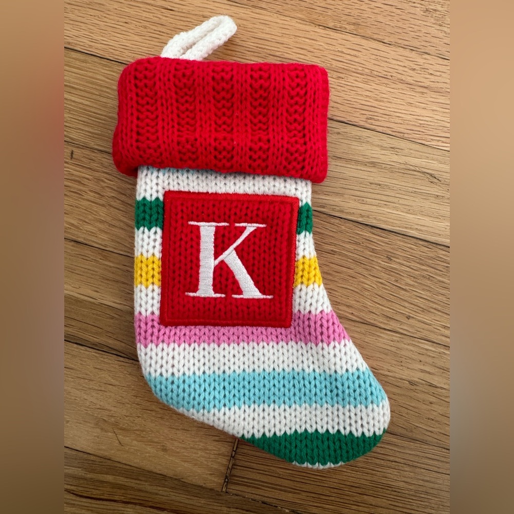Monogram “K” Multi-Color Stripe Knit Mini Christmas Stocking Decoration